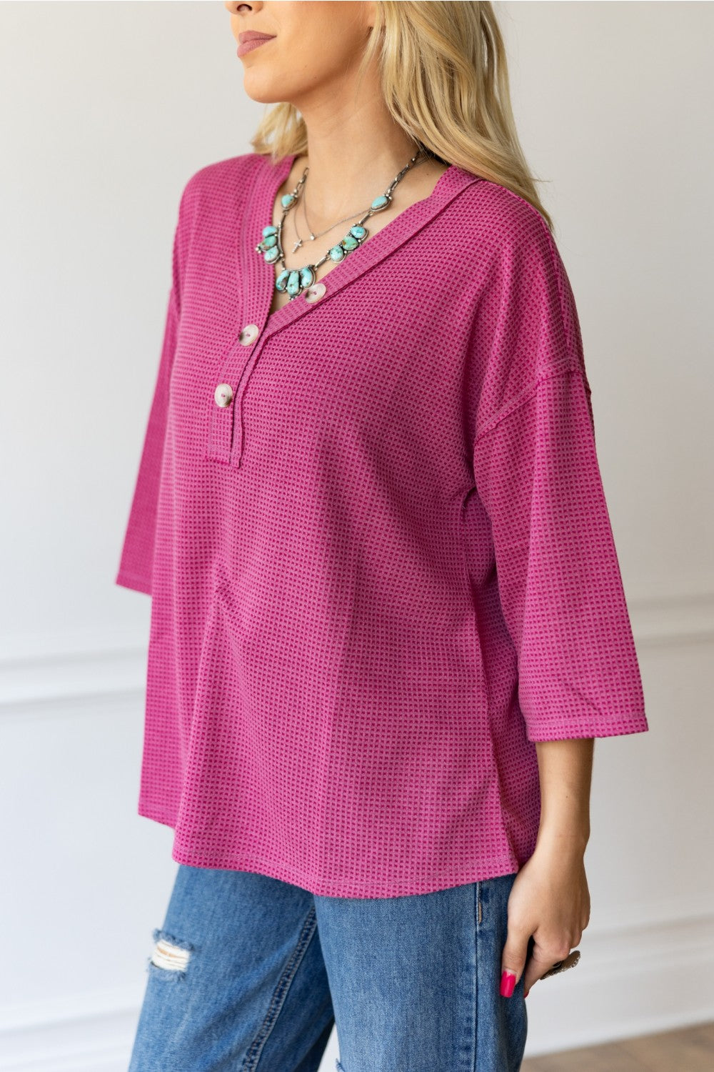 Two Tone Thermal Washed Top- Berry