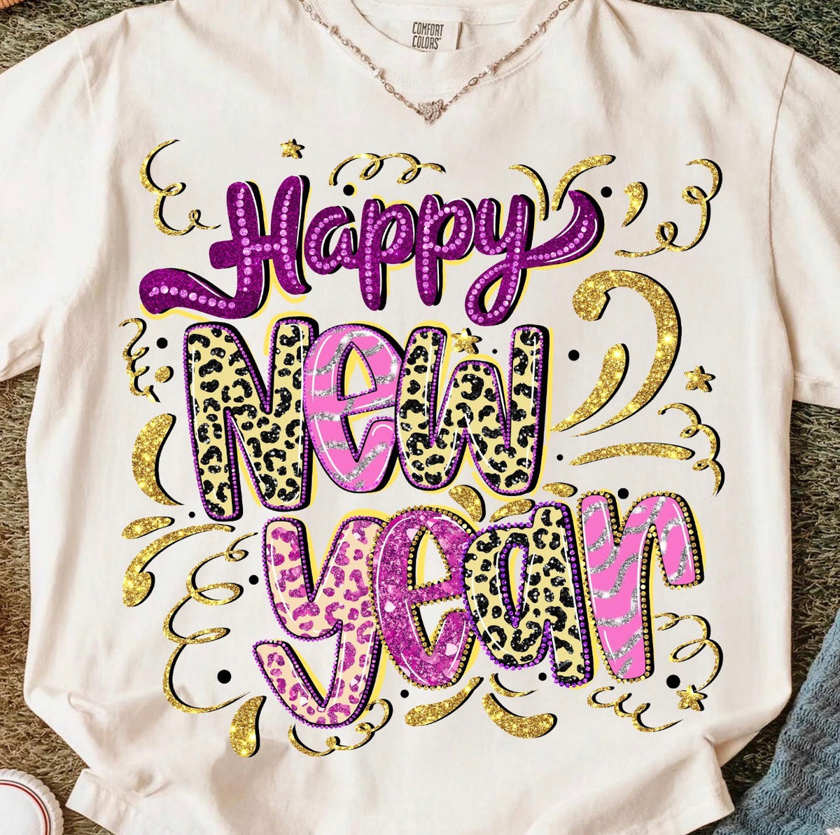 Purple & Cheetah Happy New Year Graphic T-Shirt