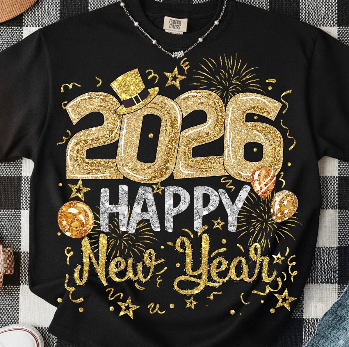 2026 Happy New Year Glitter Graphic T-Shirt