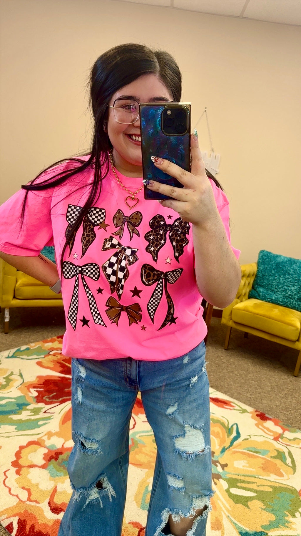 Cheetah & Check Bows Graphic T-Shirt