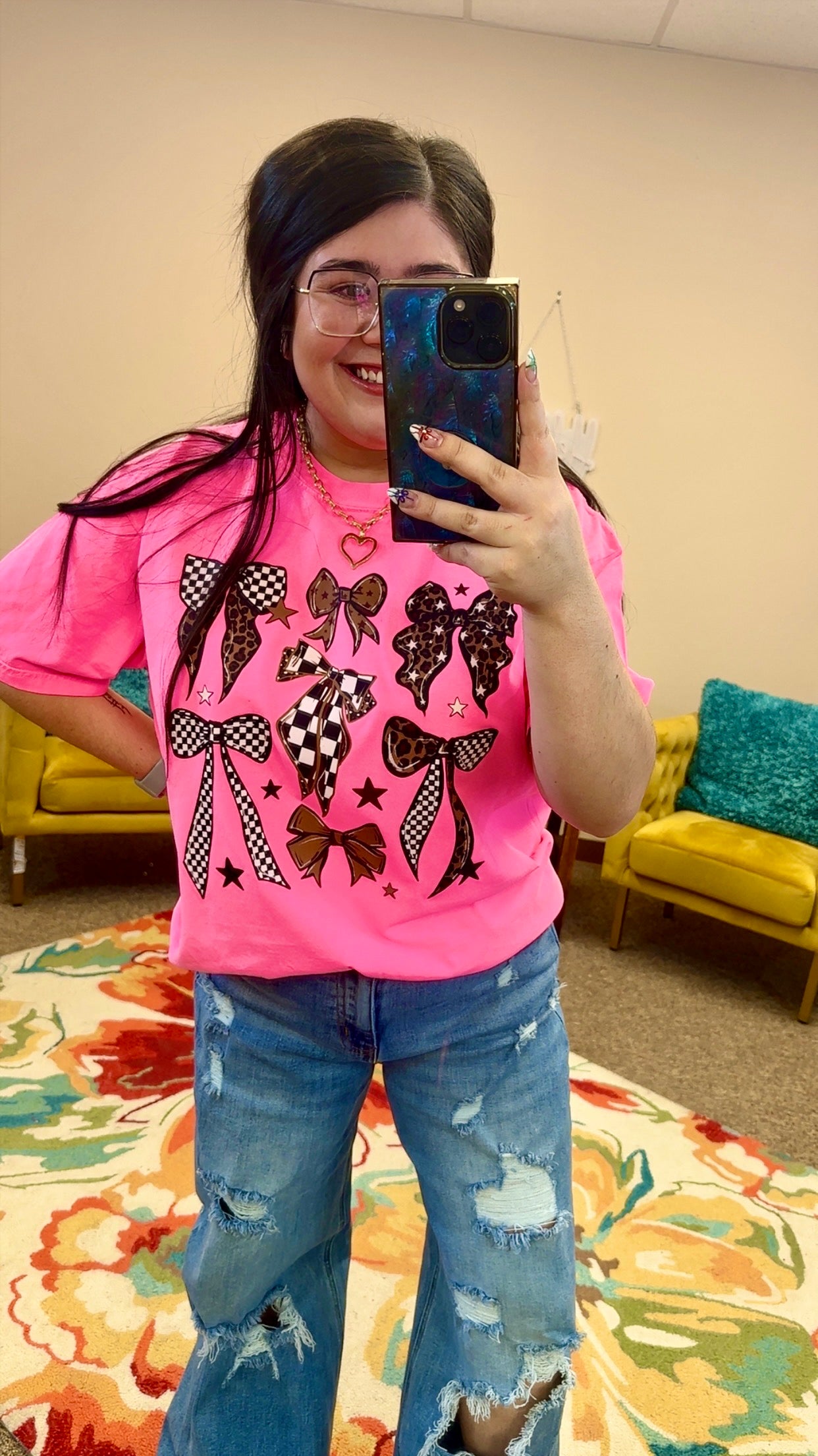 Cheetah & Check Bows Graphic T-Shirt