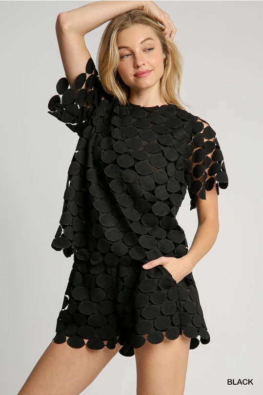 Polka Dot Lace Short Sleeve Top - Black