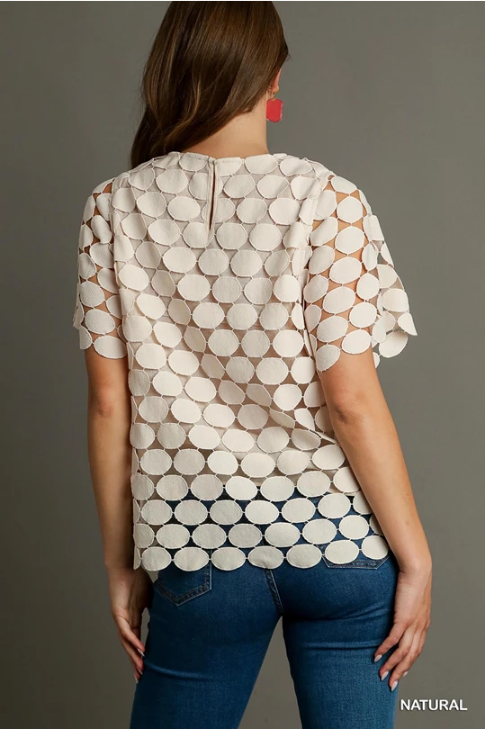 Polka Dot Lace Short Sleeve Top - Natural