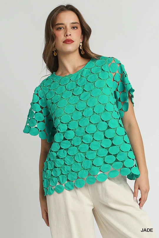 Polka Dot Lace Short Sleeve Top - Jade