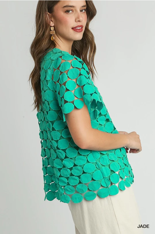 Polka Dot Lace Short Sleeve Top - Jade