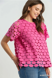 Polka Dot Lace Short Sleeve Top - Bubble Gum Pink