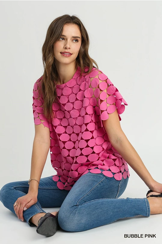 Polka Dot Lace Short Sleeve Top - Bubble Gum Pink