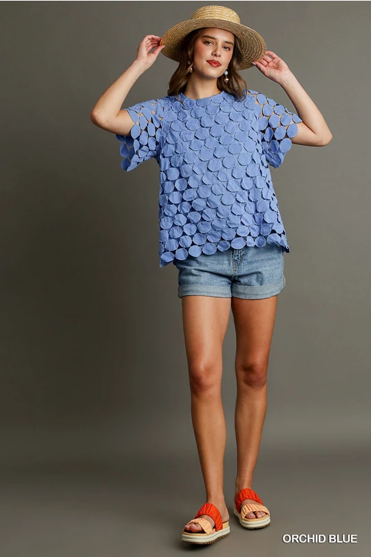 Polka Dot Lace Short Sleeve Top - Ocean Blue