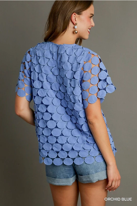 Polka Dot Lace Short Sleeve Top - Ocean Blue