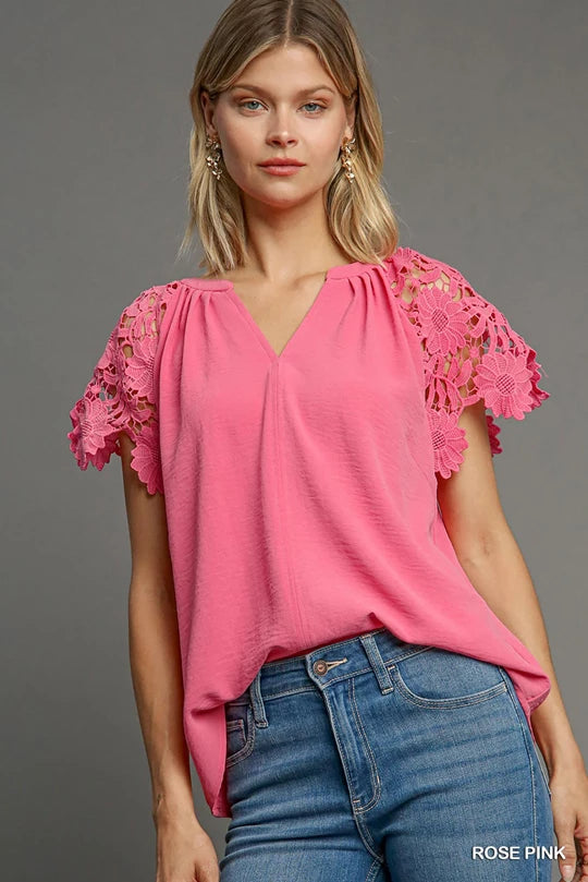 Hold You To It Lace Sleeved Blouse - Rose Pink