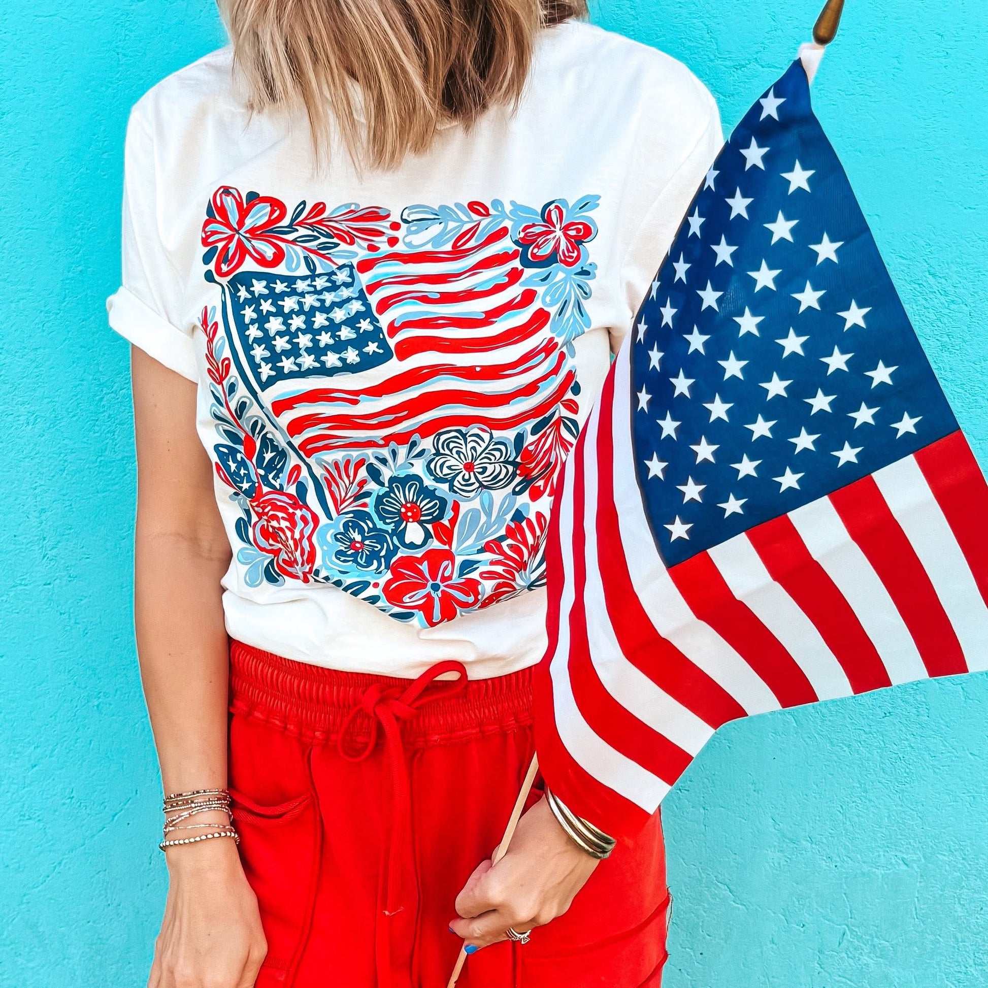 Floral American Flag Graphic T-Shirt