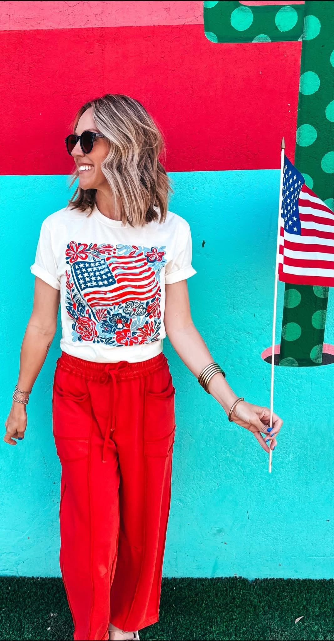 Floral American Flag Graphic T-Shirt