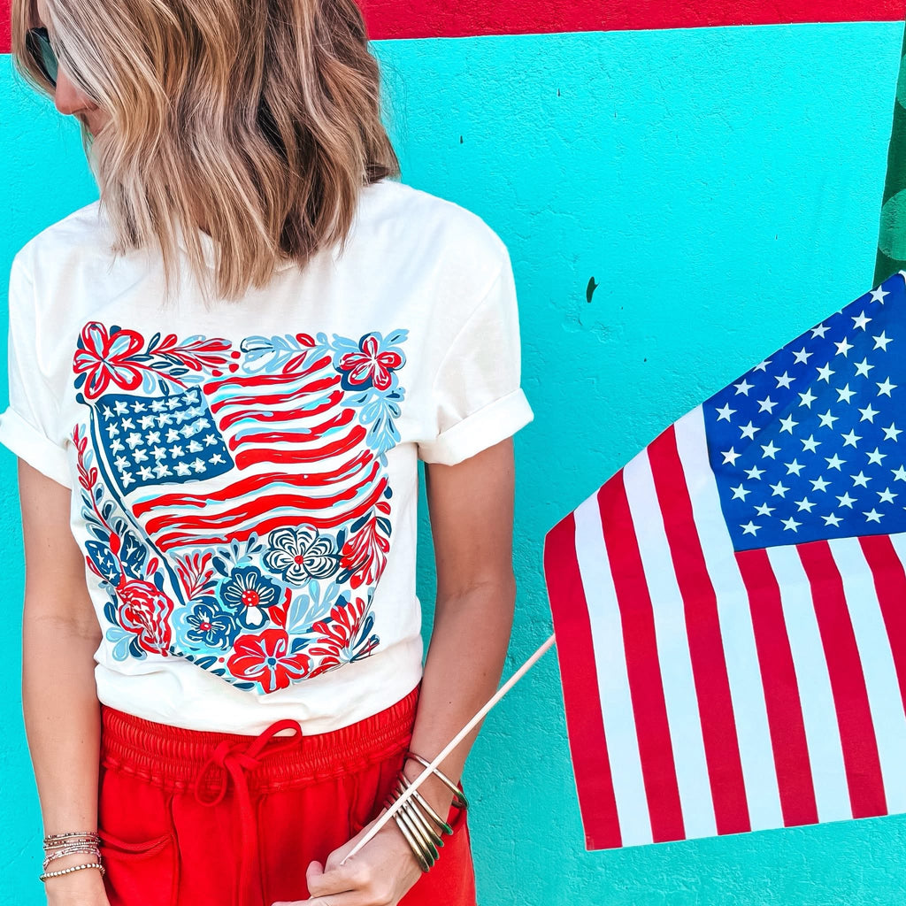 Floral American Flag Graphic T-Shirt