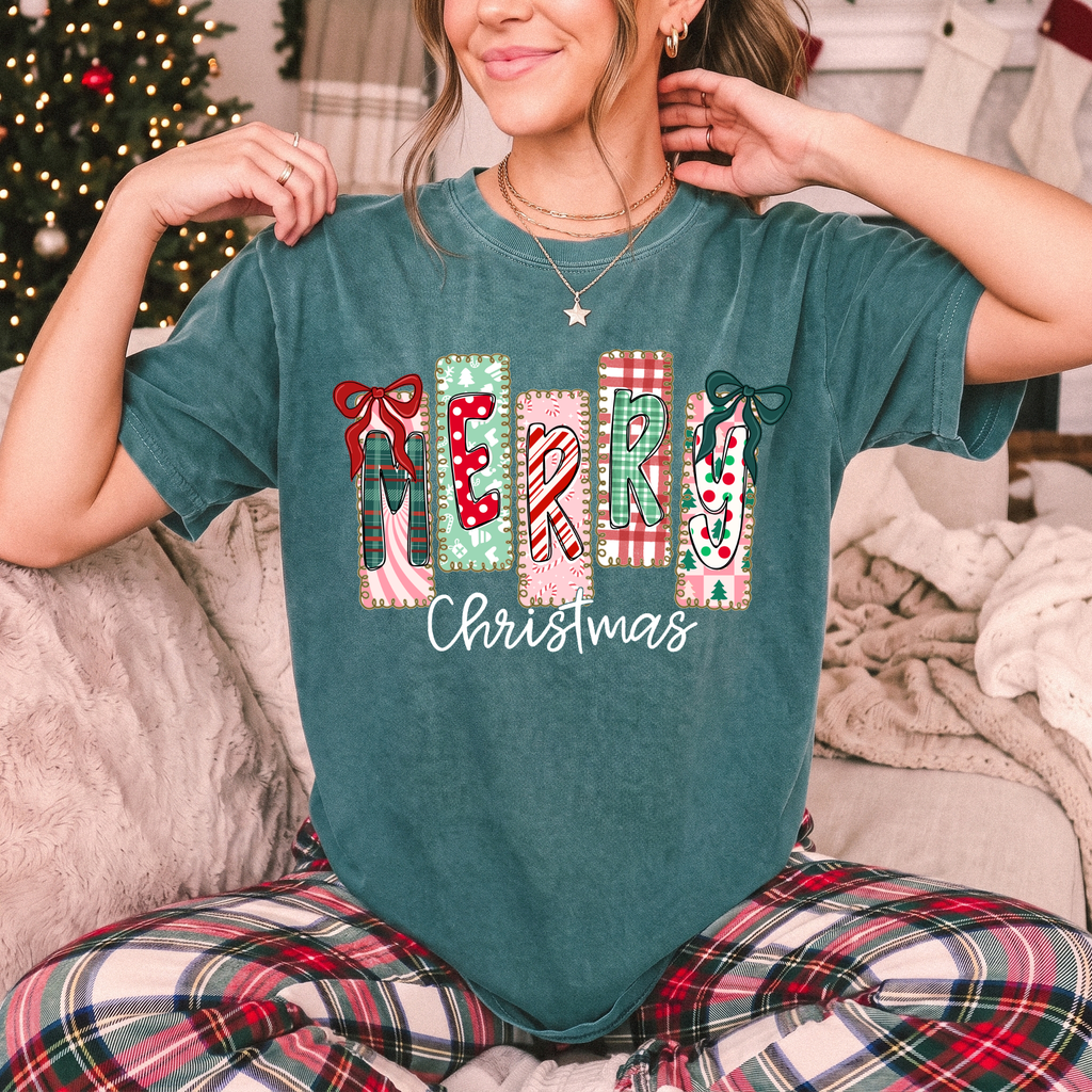 Merry Christmas Doodle Blocks | Holiday Graphic Tee, Long Sleeve & Sweatshirt