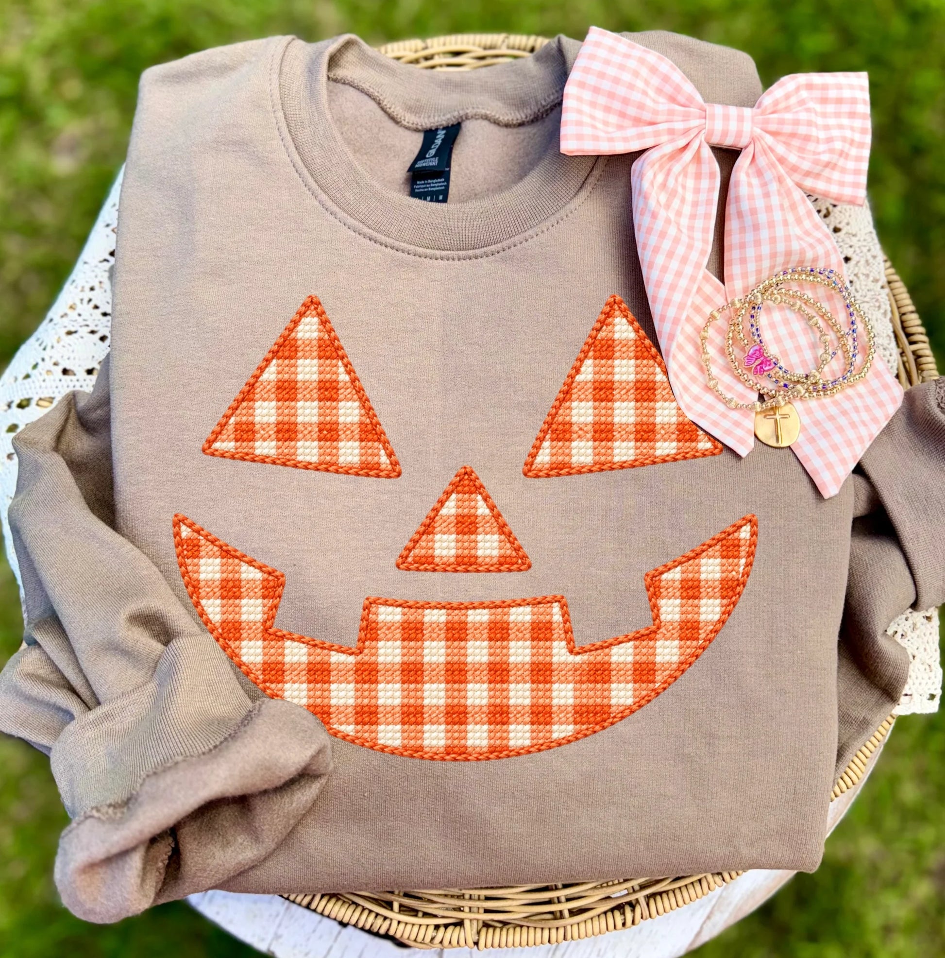 Orange Jack O Lantern Faux Stitch Graphic Sweatshirt