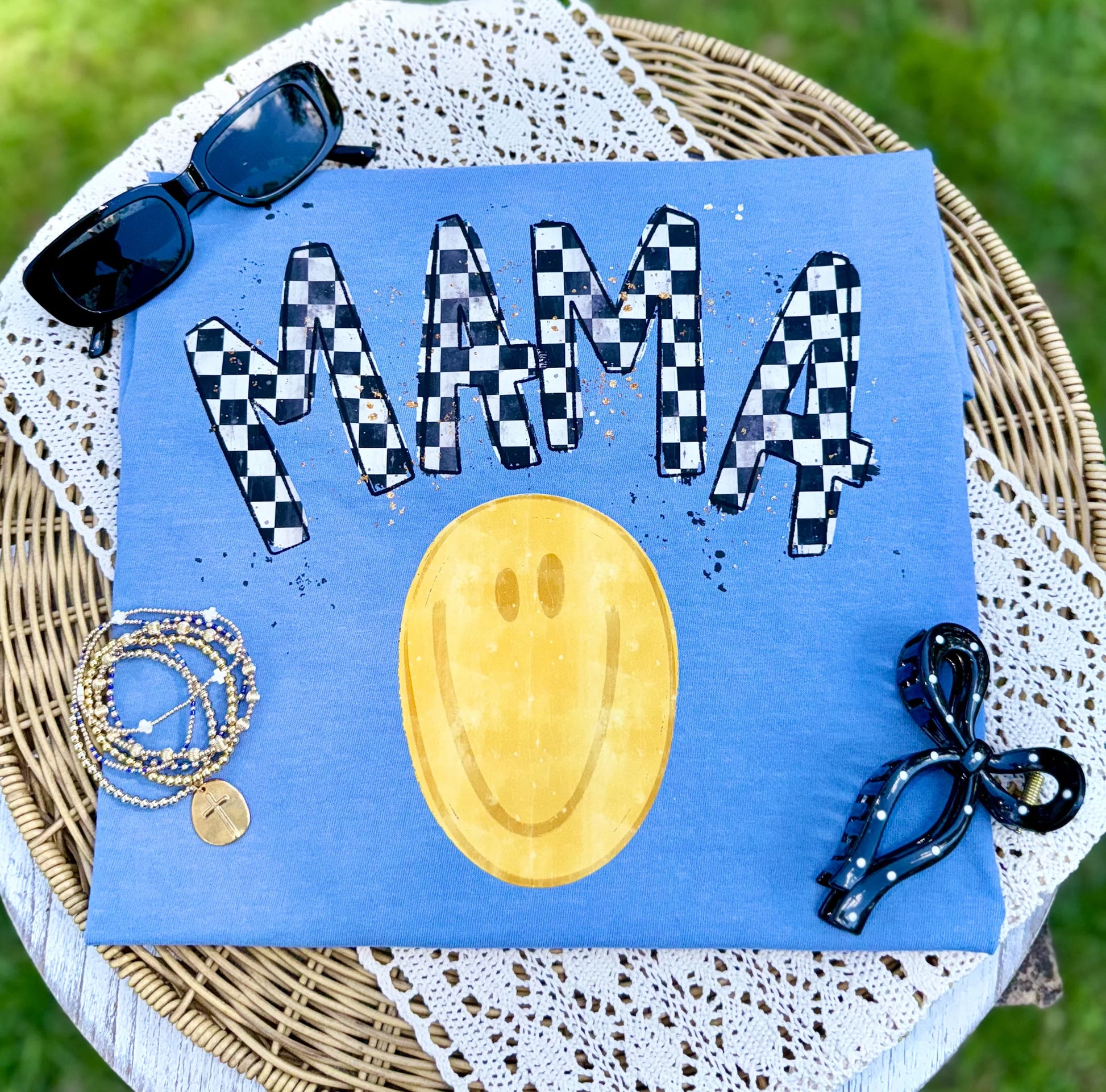 Checkered Mama Smiley Graphic T-Shirt