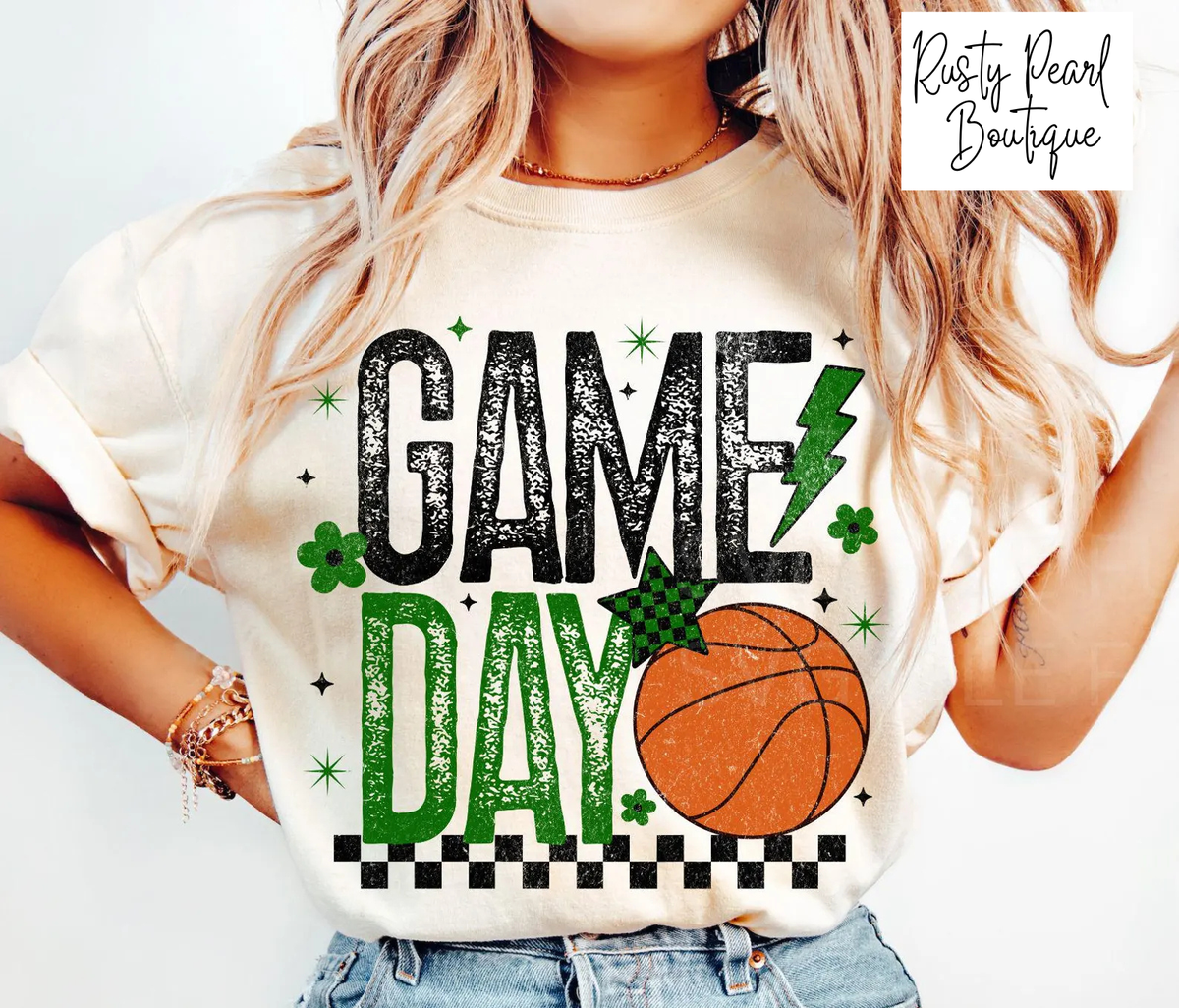Black and Green Basketball Game Day Graphic T-Shirt