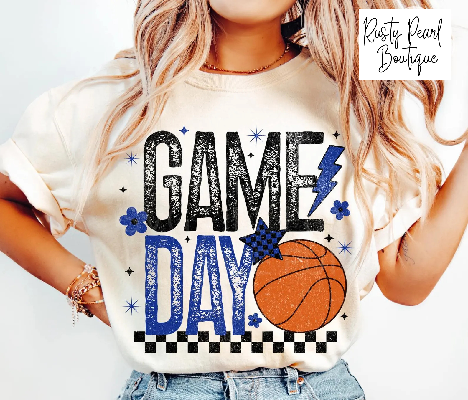 Black And Blue Basketball Game Day Graphic T-Shirt