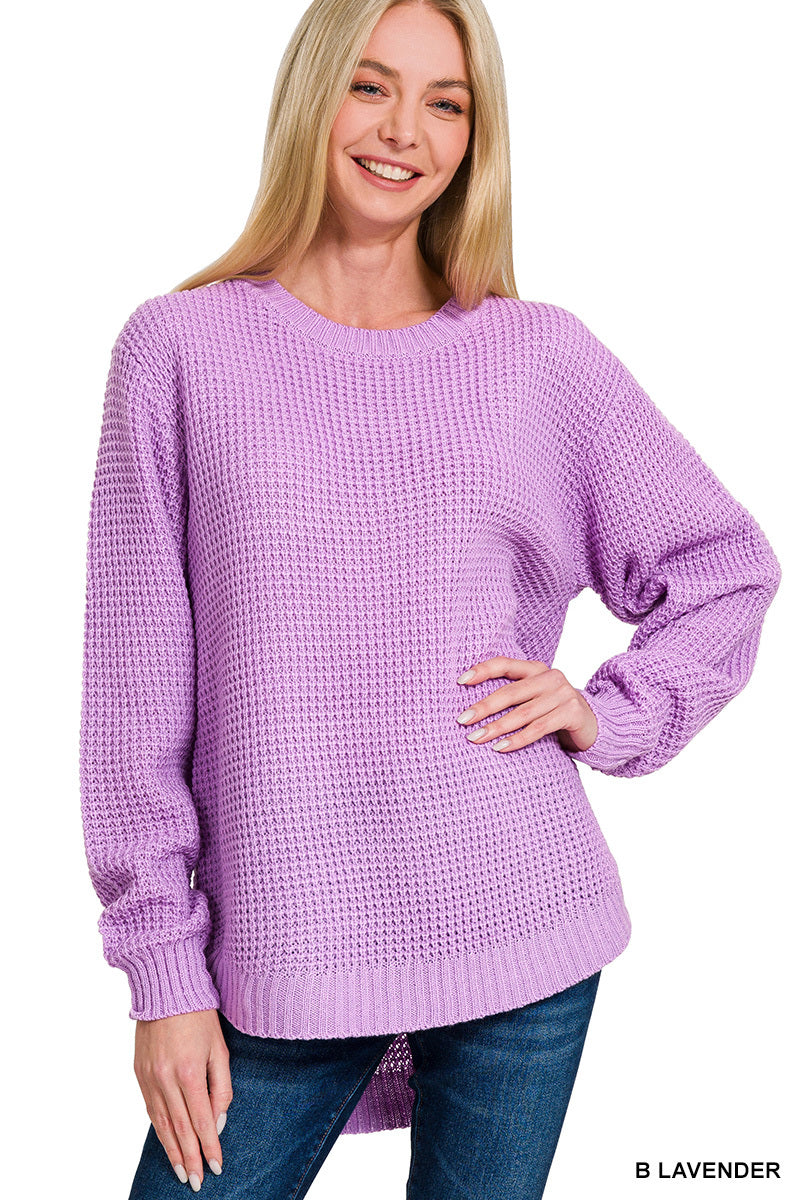 Hi-Low Waffle Knit Sweater - Lavender