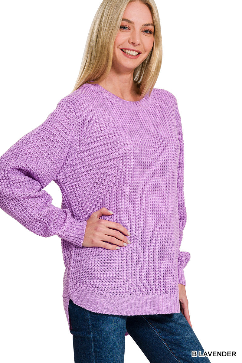 Hi-Low Waffle Knit Sweater - Lavender