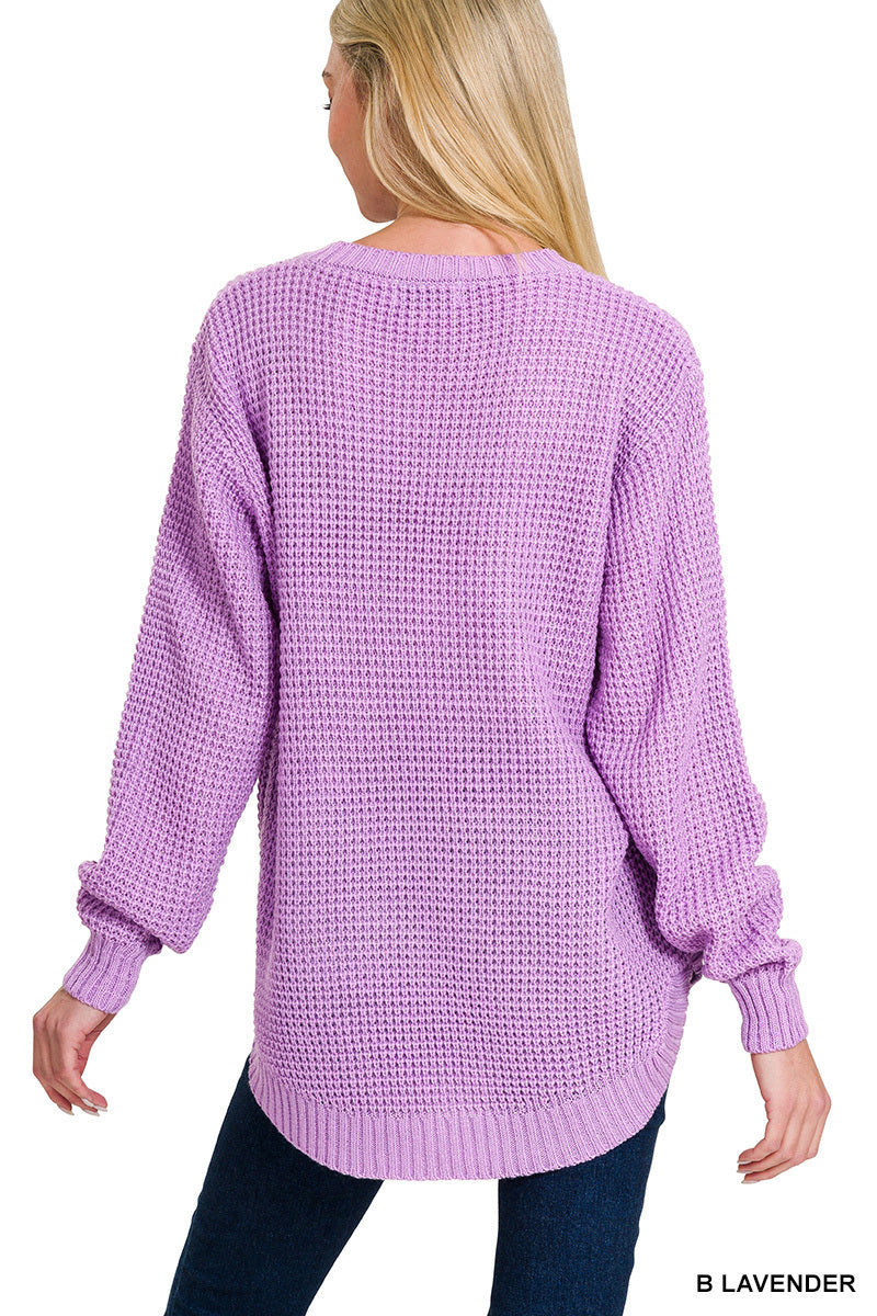 Hi-Low Waffle Knit Sweater - Lavender