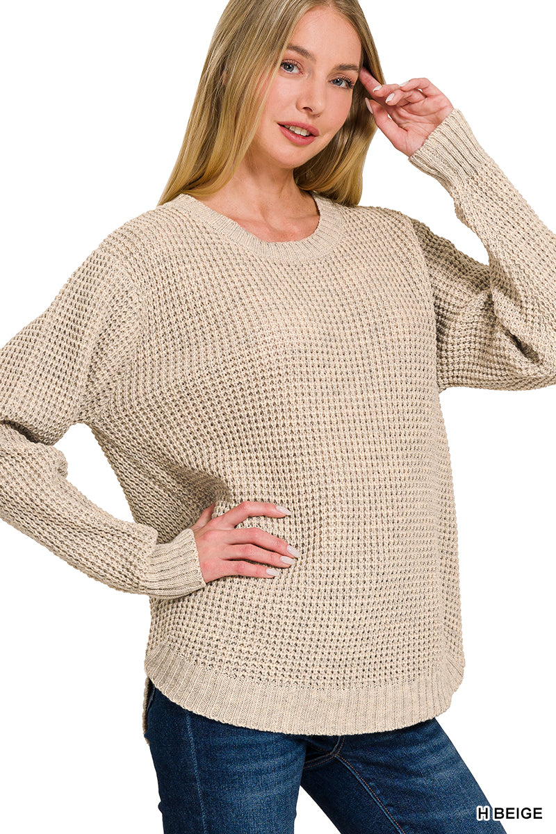Hi-Low Waffle Knit Sweater - Beige