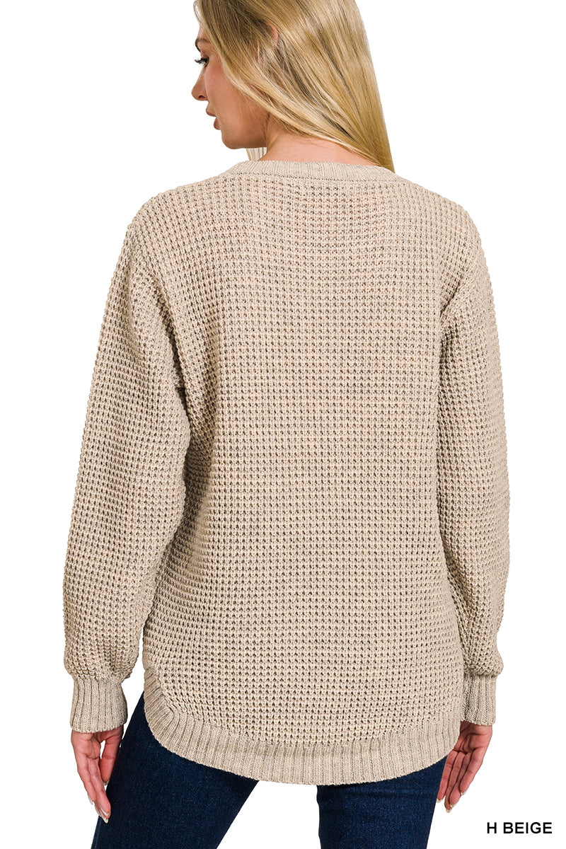 Hi-Low Waffle Knit Sweater - Beige