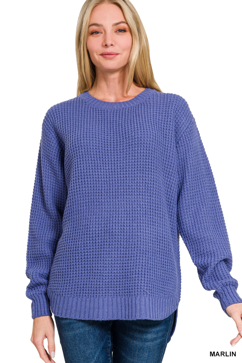 Hi-Low Waffle Knit Sweater - Marlin
