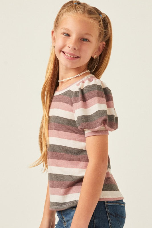 Girls Stripe Puff Sleeve Top