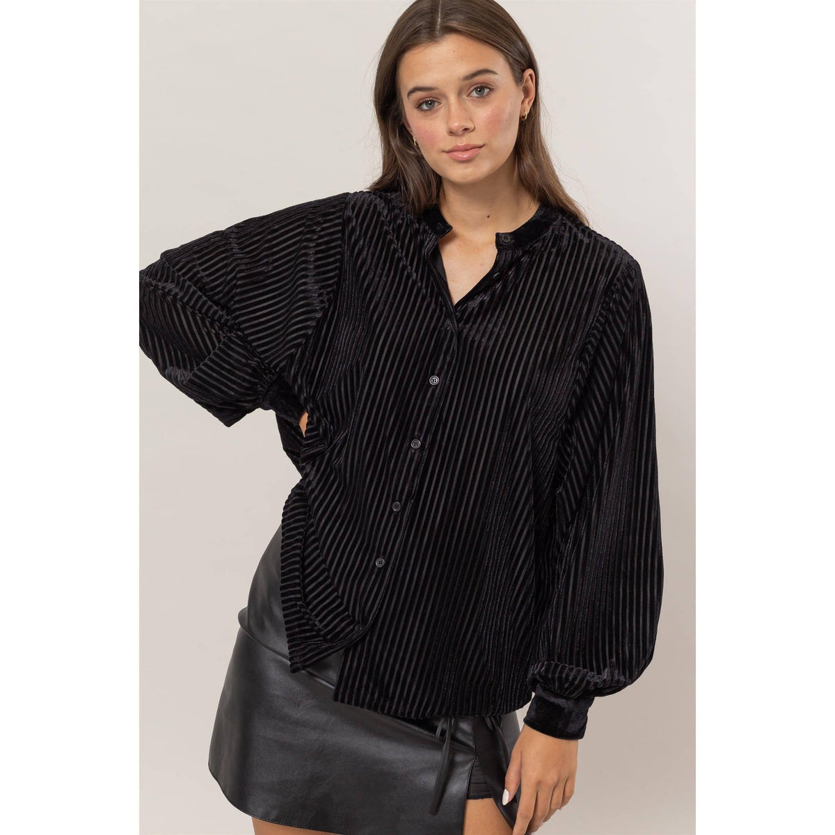 Striped Velvet Button-Down Blouse — Luxe Texture, Effortless Elegance