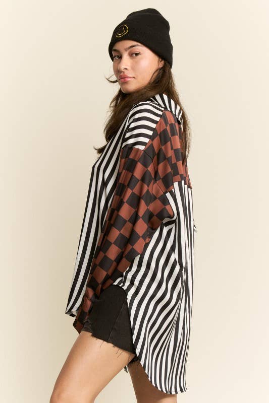 SPLIT DECISION CHECKER-STRIPE BLOUSE