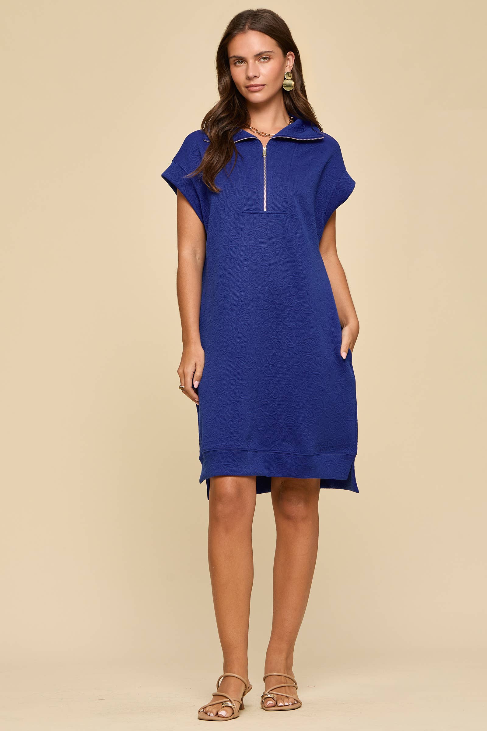 Half-Zip Jacquard Dress w/ Pockets: ROYAL BLUE