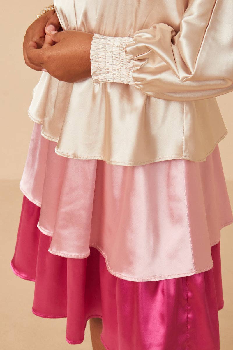 Girls Color Block Tiered Skirt Satin Dress: Pink Mix