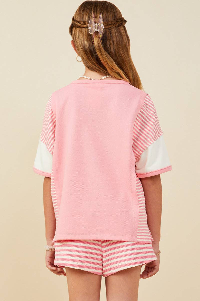 Girls Colorblock Stripe Insert Knit T Shirt: Pink