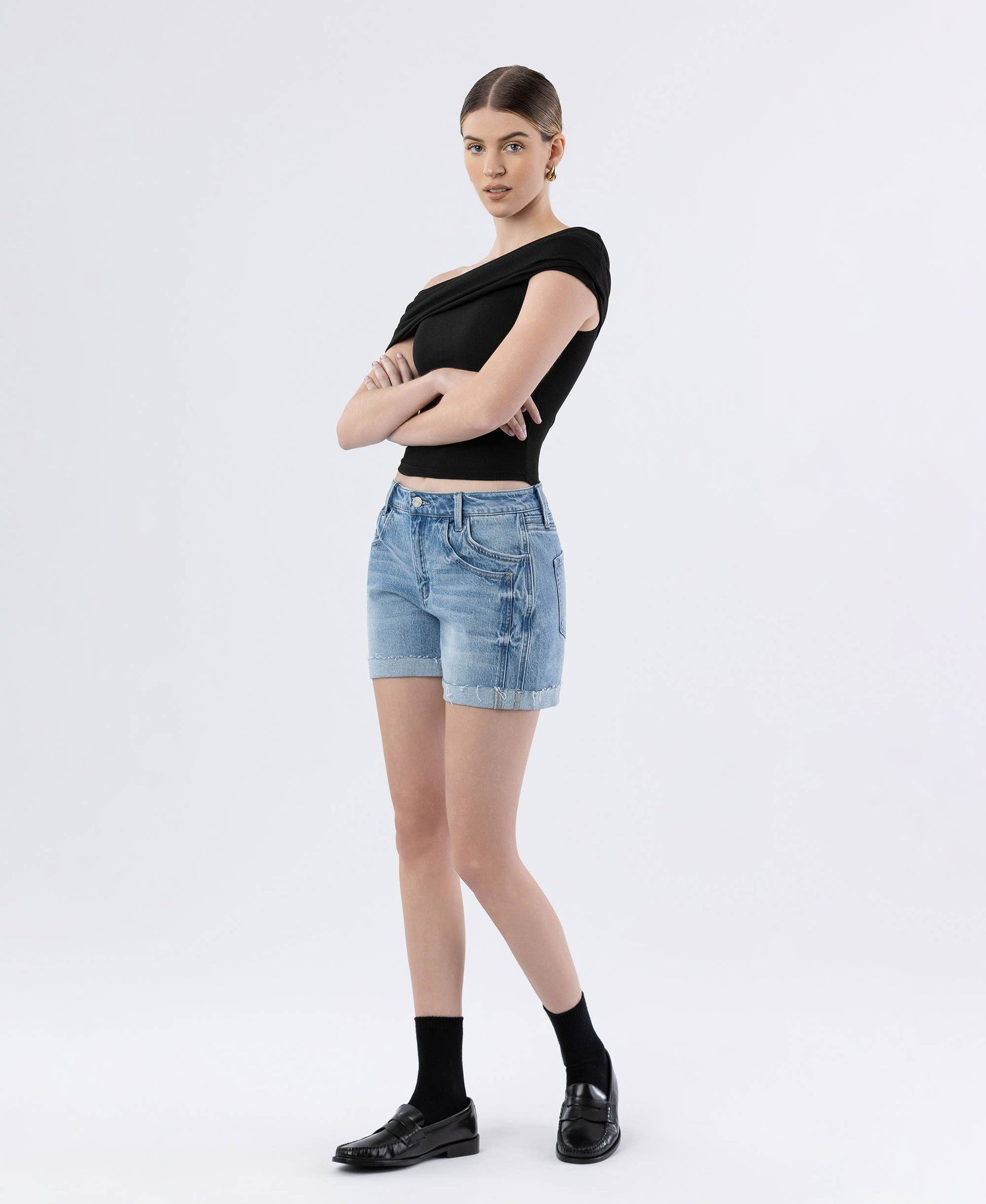HIGH RISE DOUBLE FRONT POCKET CUFF SHORTS: GODS PLAN