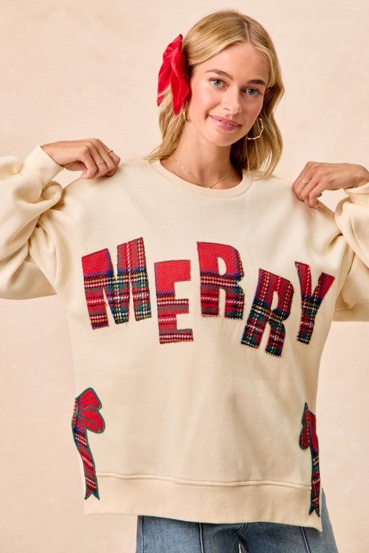 Christmas Plaid “Merry” & Side Bow Patches Fleece Sweatshirt