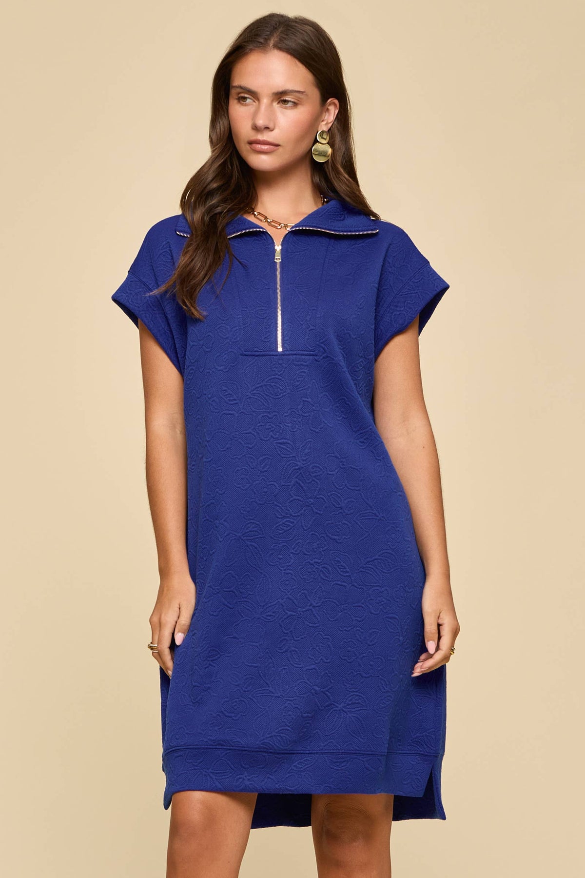 Half-Zip Jacquard Dress w/ Pockets: ROYAL BLUE