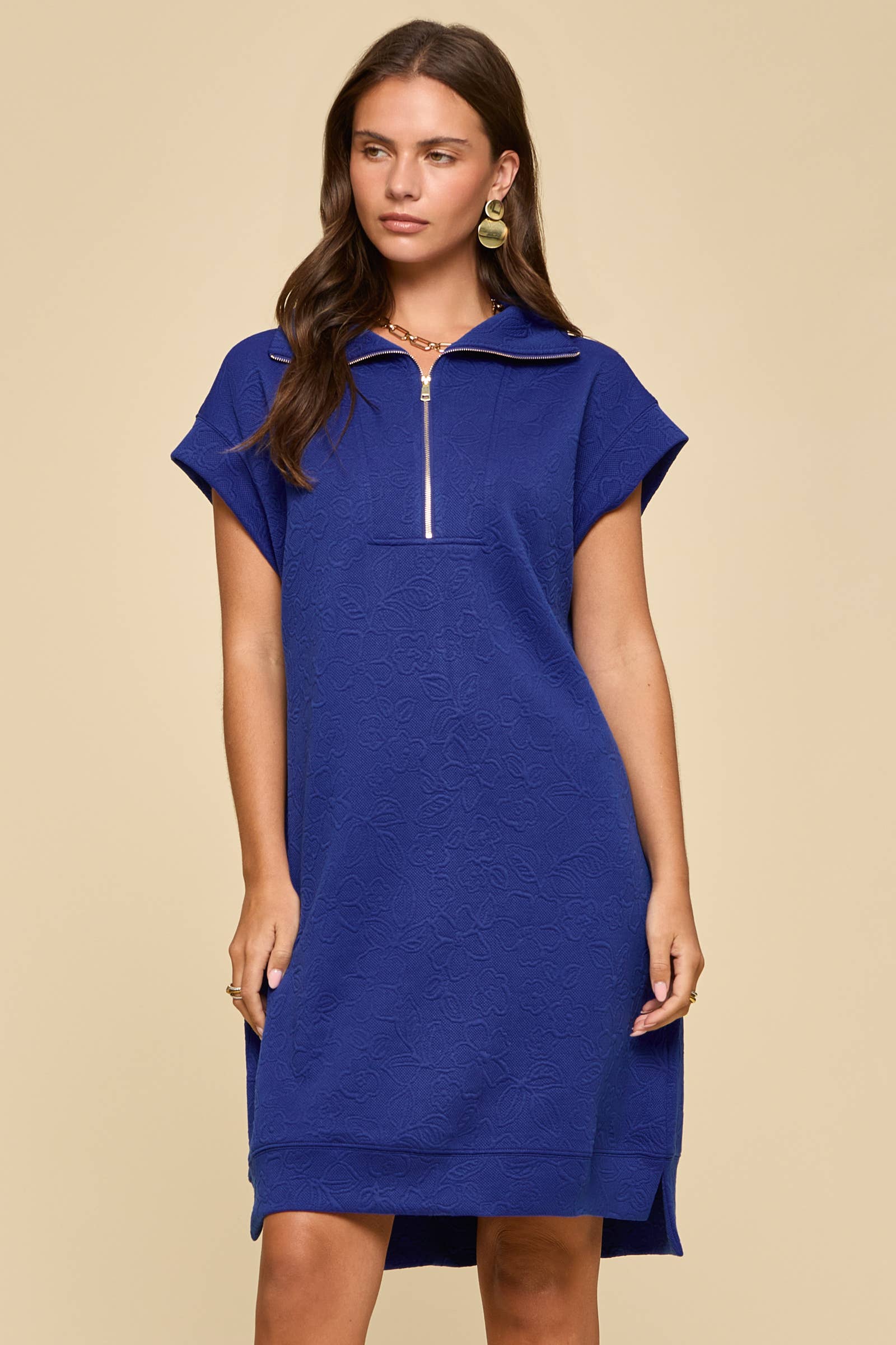 Half-Zip Jacquard Dress w/ Pockets: ROYAL BLUE