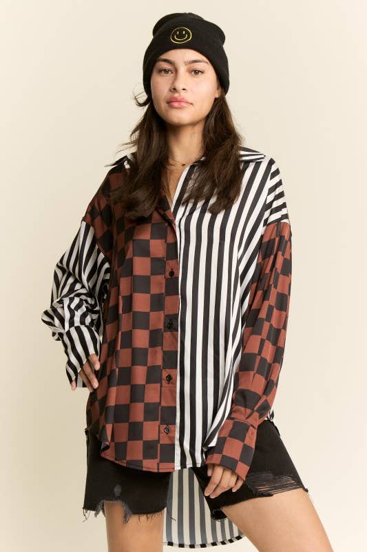 SPLIT DECISION CHECKER-STRIPE BLOUSE