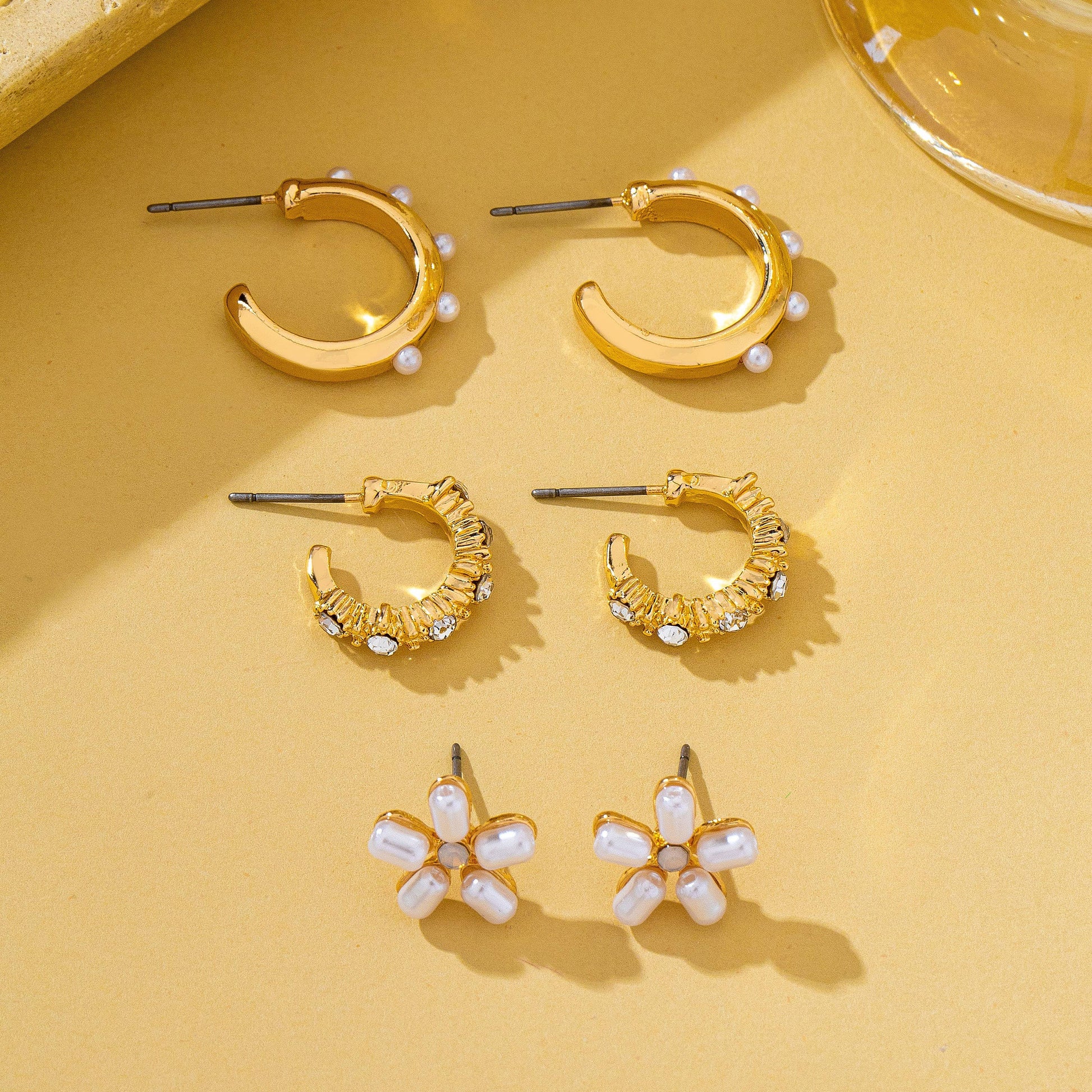 Pearl Floral Stud & Hoop Trio earrings