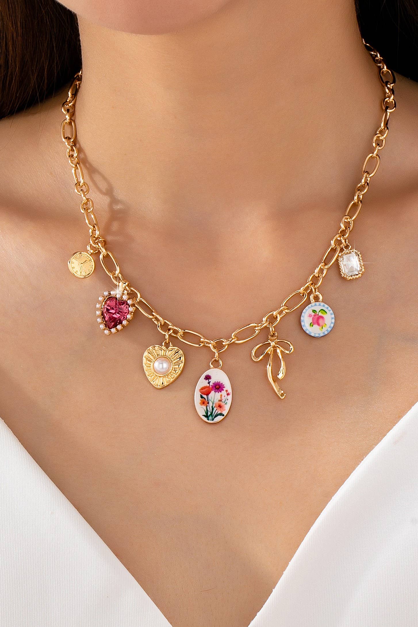 Vintage Bow Porcelain Multi-Charm Link Necklace