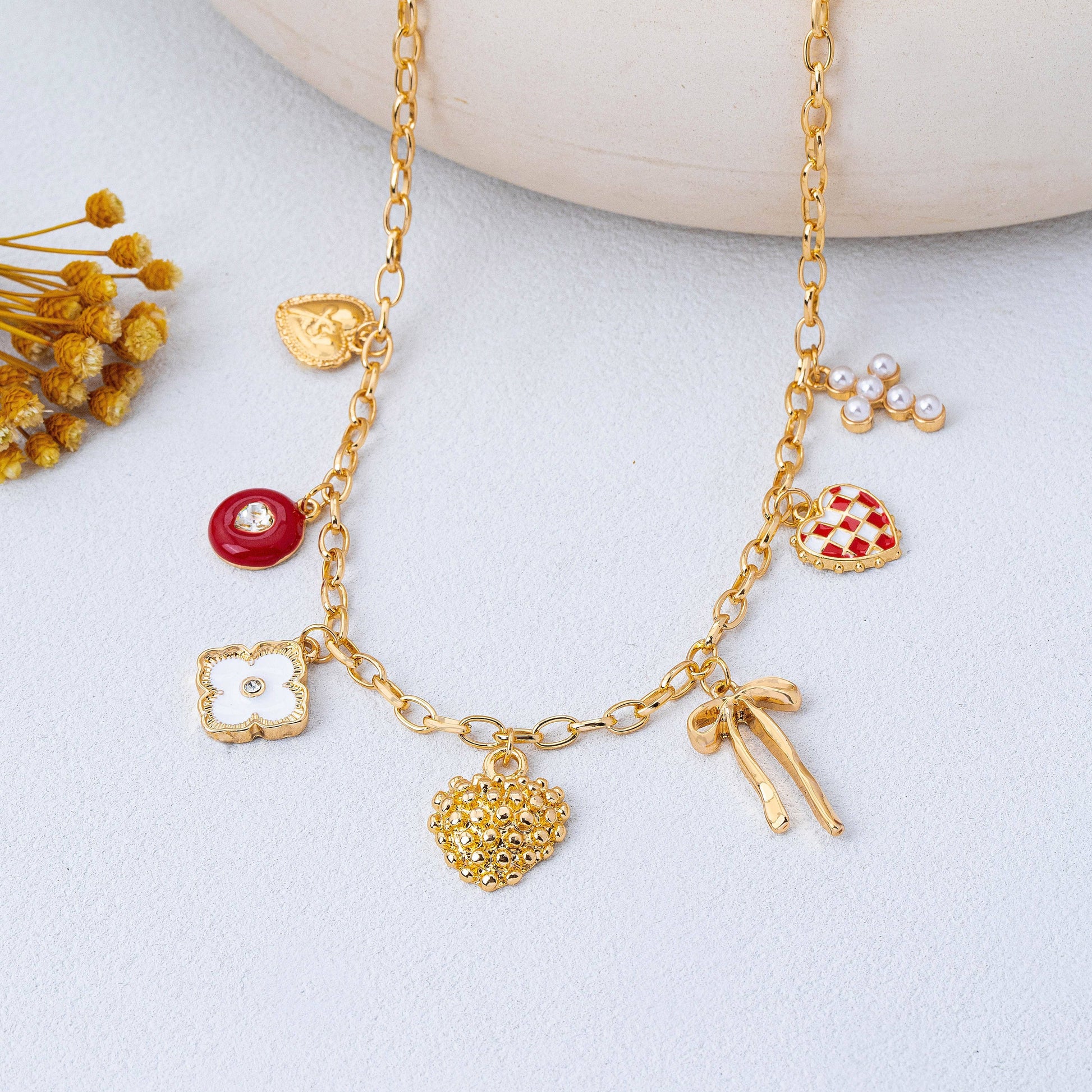 Heart Bow Cross Checker heart Charm Necklace | 80N93301: GOLD