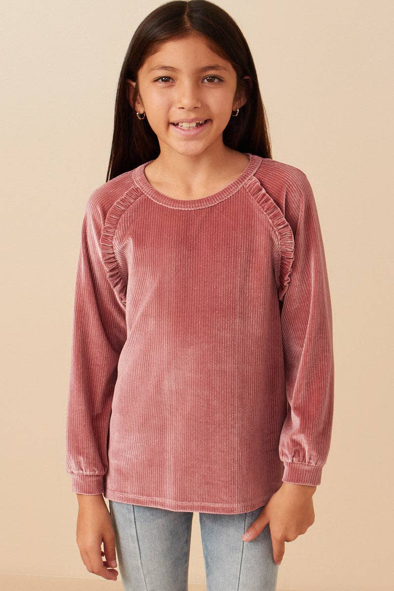 Girls Ruffled Raglan Seam Brushed Rib Top Mauve