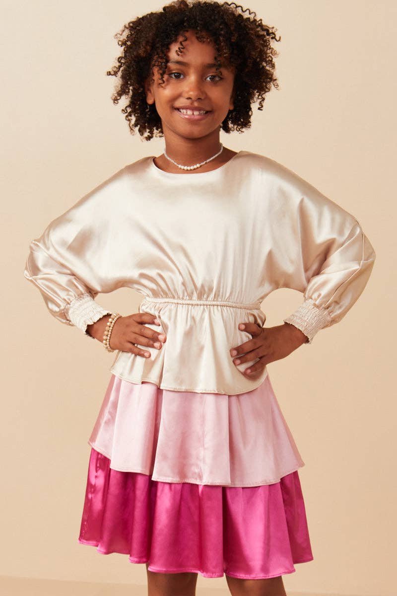 Girls Color Block Tiered Skirt Satin Dress: Pink Mix