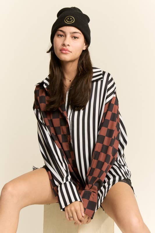 SPLIT DECISION CHECKER-STRIPE BLOUSE