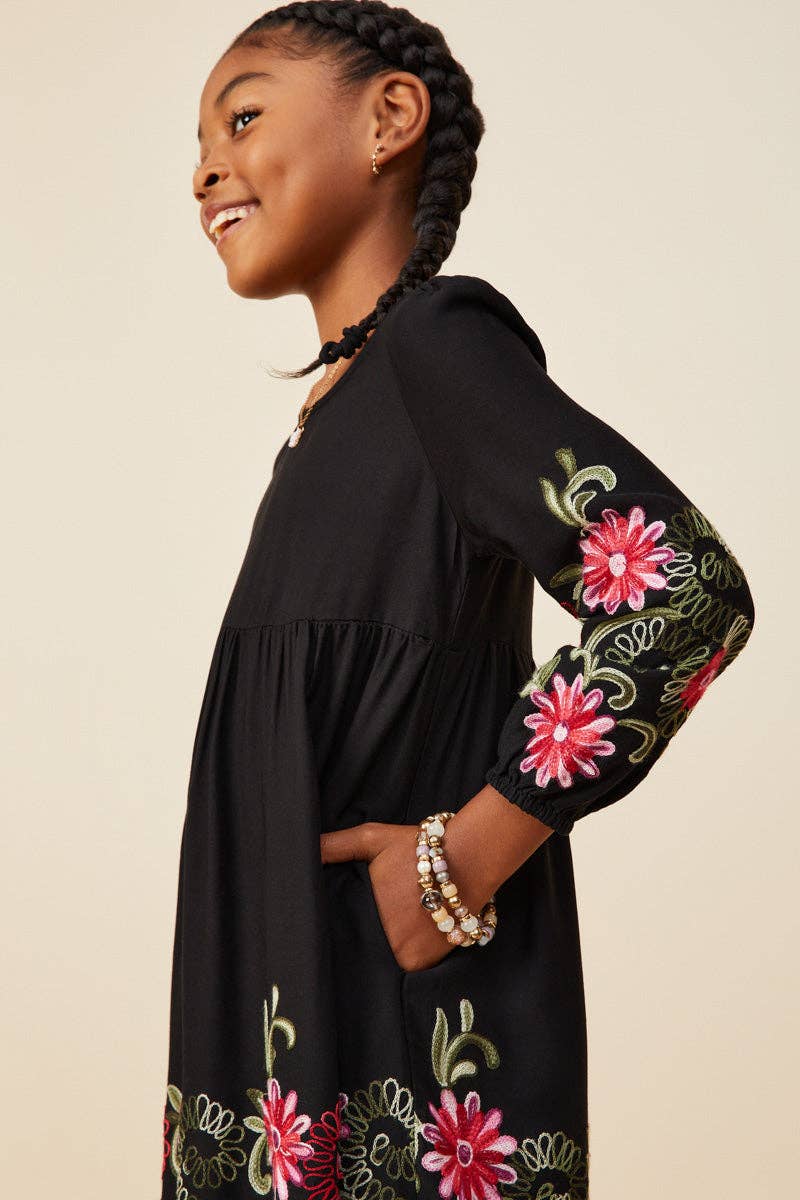 Girls Embroidered Detail Long Sleeve Scoop Neck Dress