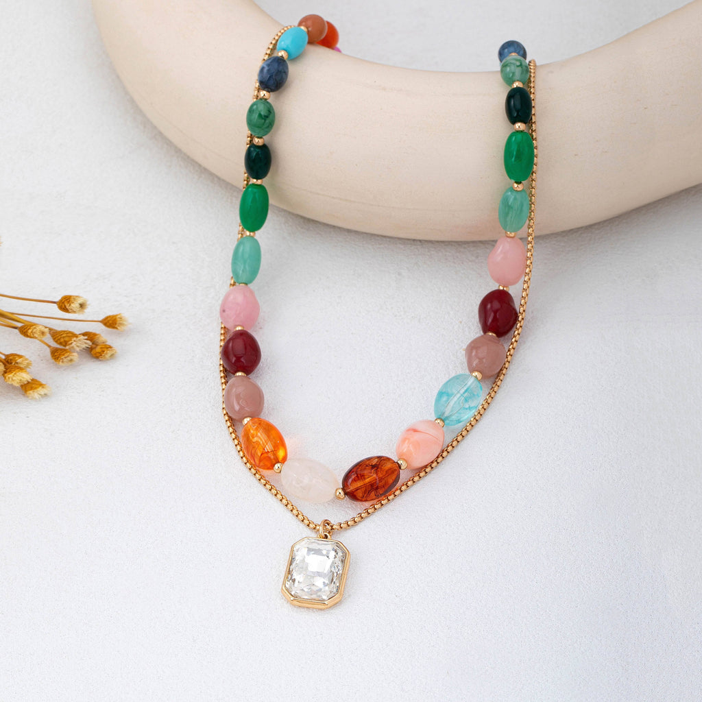 Multi-Color Stone & Crystal Pendant Necklace