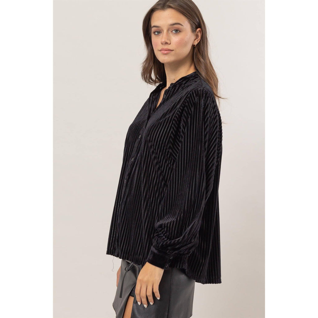 Striped Velvet Button-Down Blouse — Luxe Texture, Effortless Elegance