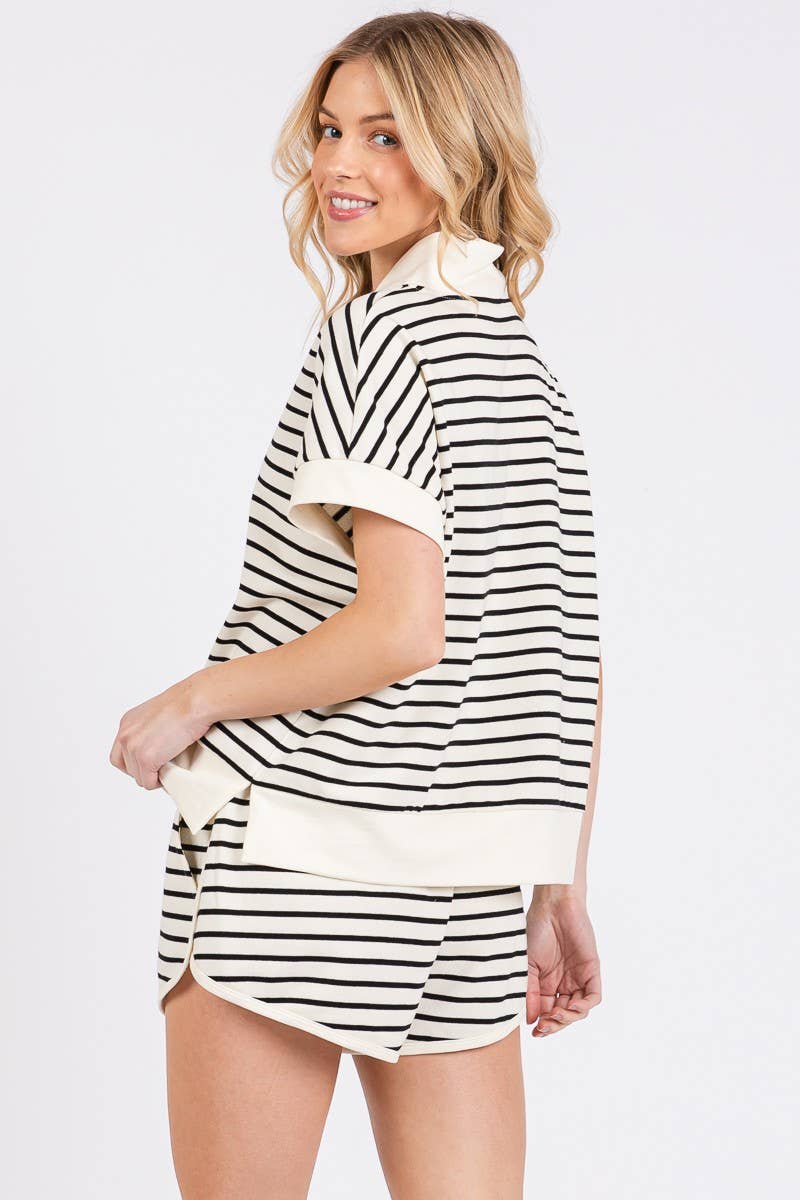 HALF ZIP UP STRIPED TOP AND SHORTS SETS - IVORY/BLACK