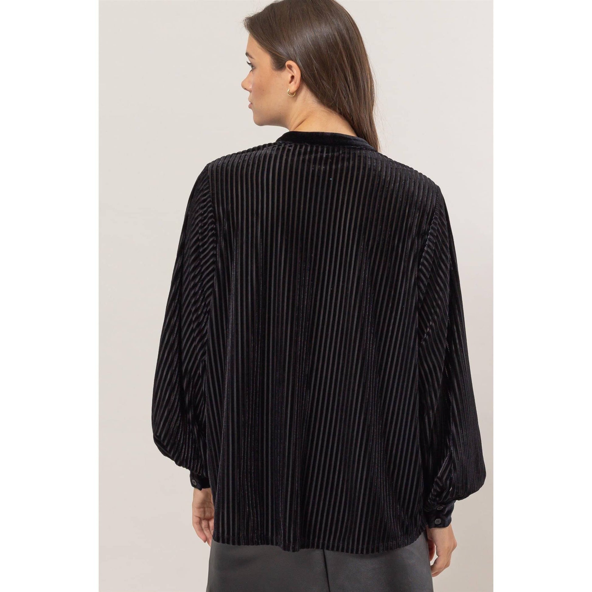 Striped Velvet Button-Down Blouse — Luxe Texture, Effortless Elegance